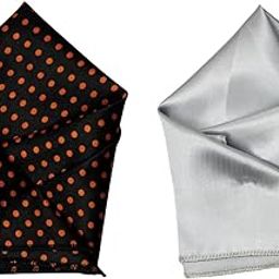 Set of 2 Pocket Squares for Men – Black with Orange Polka Dots & Silver Satin – Party & Formal Suit Handkerchief Combo-9