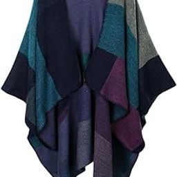 Women's Plaid Color Block Shawl Wrap Open Front Poncho Cape Cardigan Purple Clothing Shoes & Accessories | Womens Clothing | Sweaters-40