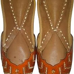 Traditional Women's Leather Jutti Flats, Orange and Brown, Embroidered Ethnic Design-image-11