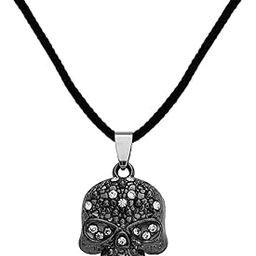 Biker Jewellery Viking Skull Head With Crystal Stone Black And Silver Zinc Metal And Cotton Dori Pendant Chain For Men And Women SPn2022885-picture-22