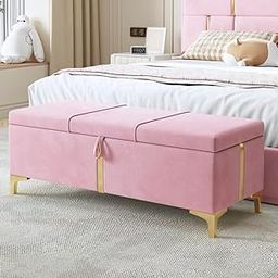 City Wood Palace Varvara Upholstered Ottoman Storage Bench for Living Room Velvet Chest for Sofa Couch Bedroom Entryway Ottoman (Pink)-image-40