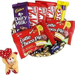 SFU E Com Delcious Chocolate Gift Hamper With Golden Tray | Valentine Heart Teddy Bear With Chocolate Combo | Valentine Chocolate Hamper | 028-75