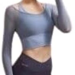 Women's Yoga Long Sleeve 2 in 1 Mesh Summer Athletic Tops Workout Shirts with Attached Padded Sports Bra | Fitness Crop Top Bralette-image-29