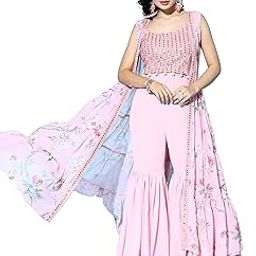 Fusion Set For Women - Georgette Sequence Embroidered Crop Top with Flared Pleated Palazzo and Shrug For Women Wedding, Ethnic Wear-27