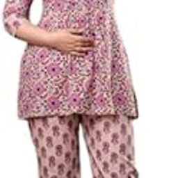 Women's Maternity Nightwear Set – 100% Cotton Jaipur Print Nursing Night Dress with Feeding Access – Comfortable Pregnancy Sleepwear Top & Pant Set (Beige)-image-61