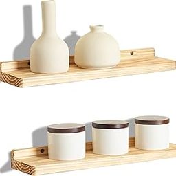 Wooden Grove Small Floating Shelf for Wall Set of 2 – Natural Wood Mini Wall Shelves for Plant Display, Collectibles, Corner Storage – Kitchen, Bathroom, Bedroom Decor (16x4)-image-7