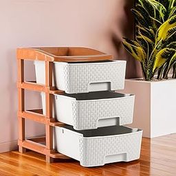Kuber Industries 3-Tier Collapsible Multipurpose Plastic Drawers Storage Organizer | Durable Cabinets/Storage Rack for Kitchen | Kids Toy Box & Shelf for Home/Office | Brown & White-57