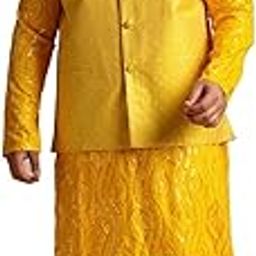 Plus (Since 1958) Men's Cotton Designer Mustard Kurta with Pyjama & Nehru Jacket-image-57