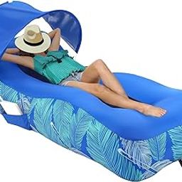 Inflatable Lounger Air Sofa with Sun Shade Cover Waterproof Inflatable Couch Chair for Camping Beach Hiking Backyard, Easy to Set Up Inflatable Couch (Blue)-image-71