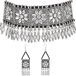 Latest Stylish Fancy Oxidised Silver Tribal Choker Necklace Jewellery Set for Women (12254s)-image-18
