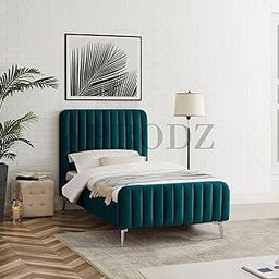 APRODZ Fluted Velvet Upholstered Singe Size Platform Bed for Bedroom, Home Furniture with Metal Feet (Green)-image-67