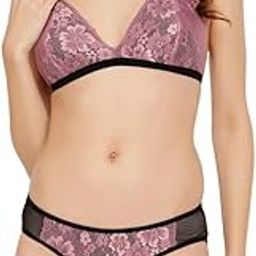Women's Lace Non-Padded Non-Wired Demi Cup Plunge Bra & Low Waist Bikini Panty in Purple-picture-36