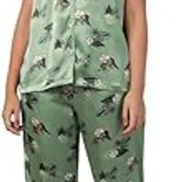 clovia Women's Satin Printed Shirt & Pyjama Set in Dark Green Colour-picture-5
