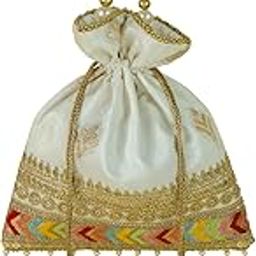 Sara Square Potli Bag, Brocade with Multi Colour Embroidery, Off White-image-47