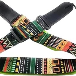 A1 EssAncial Ethnic Print Guitar Strap, Adjustable Length, Multicolored Tribal Pattern with Green Edge, Black Leather Ends-image-47