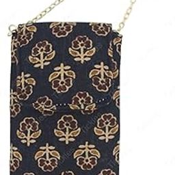 Flower Printed Fabric One Side Shoulder Chain Mobile Pouch with Waist Clip Saree Hook for Women Girls (Color: Black) (Suitable for Mobile Sizes: Below 6.5 Inches)-picture-6