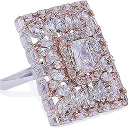Rose Gold Plated Contemporary Style Inspired American Diamond Embellished Square Shape Design Adjustable Statement Finger Ring for Women and Girls-7