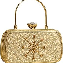 Nimish Elegant Golden Crystal Embellished Clutch Purse for Women | Designer Party Handbag with Top Handle | Evening Wedding Bag-image-19