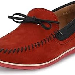 Men's Red Leather Moccasins Boat Shoes-image-79