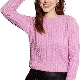 Women Solid Round Neck Drop-Shoulder Sleeves Acrylic Ribbed Hem Cable Knitted Regular Sweater-image-68