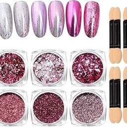 AISHU Nail Glitter Powder, Chrome Nail Powder, Metallic Mirror Powder, for Woman Girls,Nails Decoration,Nail Art Manicure,Nail Designs (6 Pcs Set) (Pink)-17