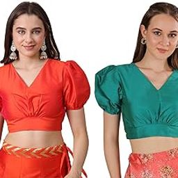 Frolic Rolic Dark Orange & Teal Green Silk Blend V-Neck Puff Sleeves Blouse Pack of 2-image-9