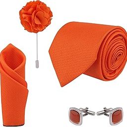 Men's Orange Color Criss Cross Design MicroPoly Formal Necktie Tie With Pocket Square,Lapel Pin,Cufflinks, Solid Color Tie with Silky Feel (Leatharite Gift Box) (Pack of 4)-image-77