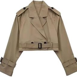 Women’s Short Trench Coat Double Breasted Lapel Pea Coat with Belt Long Sleeve Slim Fit-image-60