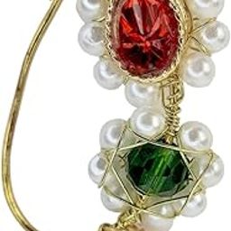 Traditional Pearl Nath with Red and Green Crystal Stones, Gold-Plated Wedding Nose Ring-18
