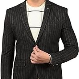 Men's Black Vertical Stripes Notched Lapel Single Breasted Blazer-image-15