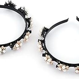 Skvilla Stylish Braided Double Layer Twist Plait Plastic Headband with Elegant Flower Alligator Clips Chic Pearls and Rhinestones Hair Accessories For Women Girls PackOf 2-8