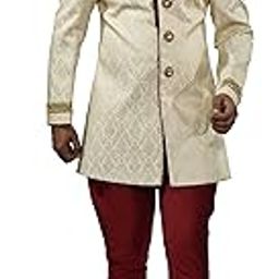 Men's Cream Jacquard Indowestern with Maroon Polo Pant-image-34