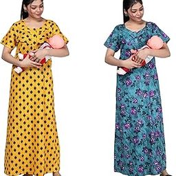 100% Cotton Feeding Nighty for Women Long Length Printed Nighty/Maxi/Night Gown/Night Dress/Nightwear Inner & Sleepwear for Women's Pack of 2-image-62