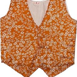Floral Print Waistcoat, Orange with White Daisy Pattern, Sleeveless V-Neck (Size : S)-6
