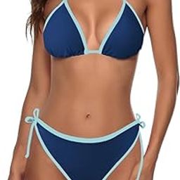 Women String Bikini Halter Side Tie Two Piece Swimsuit Color Block Triangle Bathing Site-picture-32