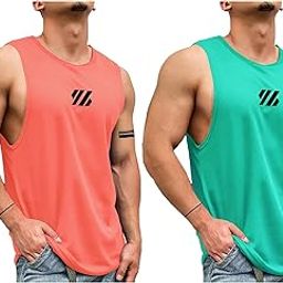 Mens Printed Sleeveless Polyester Orange and Green Gymfit Combo Vest Pack of 2-image-25