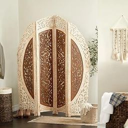 SAHARA CRAFT ARTS Mango Wood Foldable 4-Panel Room Divider Screen | Hand-Carved Floral Partition | Intricate Design | Vintage Privacy Screen | Boho Folding Separator for Home & Office-image-65