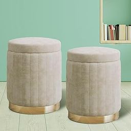 RIBAVARY Velvet Luxurious Ottoman Pouffes for Sitting, for Bedroom & Living Room, Sofa Side Stool, Wooden Small Ottoman Footrest Stool, Makeup Chair, Pouf for Office & Home Decoration. (2, Cream)-image-60