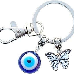 Evil Eye and Butterfly Keychain, Blue Glass Bead Charm with White Butterfly, Silver Metal Clip-image-66