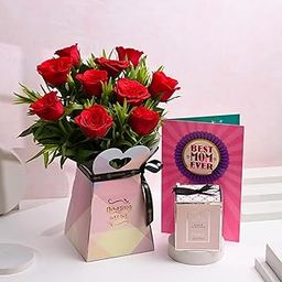 FlowerAura Fresh Live 10 Red Roses In Box Flower Bouquet With Candle & Greeting Card | Gift For Mother | Gift For Mom | Gift For Maa | Gift For Mother-In-Law | Mother's Day Gift (Same Day Delivery)-image-91