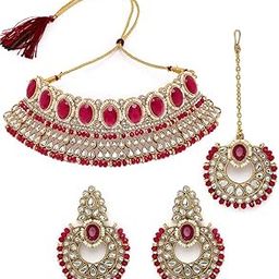 Delightful Trendy Gold Plated Rani Pink Kundan & Beads Studded Choker Necklace Set For Women-image-49