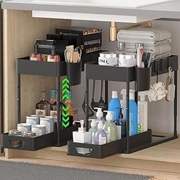 Slide Out Under Sink Organizer 2 Tier Adjustable Height Bathroom Organizer Under Sink, Kitchen Cabinet Organizers Baskets with 4 Hooks and 1 Hanging Cups,Under Sink Storage for Kitchen (black)-17