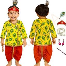 Sarvda Shree Krishna Dress for Baby Boy & Radha Dress for Girls | Janamashtami Dress | Fancy Dress Costume with Accessories Dhoti, Dupatta, Mukut Flute Complete set, Ethnic wear-image-63