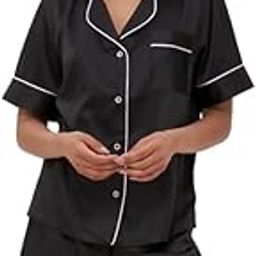 Short Silky Satin Button up Pyjamas | Nightwear | Contrast Piping Design | Comfortable Sleep Shorts | Travel Outfit | Breathable Loose fit | Thick Satin | All Season Wear (3XL, Black)-image-41