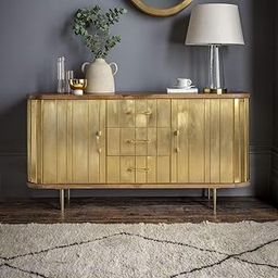 THE KASHTH Mango Wood Sideboard Cabinet for Living Room Furniture - 3 Drawers 2 Door Brass Clad in Gold - Top Modern Cabinet-image-3