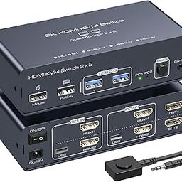 PVBCTCSID Hotkey HDMI KVM Switch 2 Monitors 2 Computers EDID 4K120Hz for 2 PC Share Dual Monitor and 4 USB Ports Support Extended/Copy Mode with Desktop Controller-8