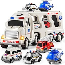 JUKUDAHU Ambulances Vehicle Toy Truck for Kids 3 4 5 6 - Emergency Carrier Truck with Helicopter, Fire Truck, Police Car, Ambulance, Firction Powered Car for Toddler, Gifts for Boys and Girls-image-82