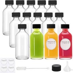 Premify 12 Pack 2oz Glass Bottles with labels Funnel and Brush – Small Empty Refillable Mini Jars For Essential Oils, Ginger Shots, Juice Shot, DIY Projects – Leak-Proof, BPA-Free, with Caps-35