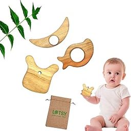 LOTSY Neem Wood Baby Teether Set for Infants | Natural Wooden Teethers for Newborns | Eco Friendly Handcrafted Sound Toys for Toddlers | BPA Free Safe Teething Gift for Boys and Girls (Mango, Monkey & Moon)-image-94