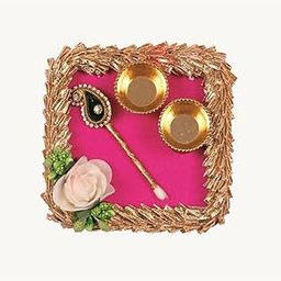 Smaran Decorative Kumkum Box for Pooja and Gifting – 4.30 x 4.30 Inch Elegant Square Design with Soft Pink Fabric, Delicate Rose Flower Accent, and Ornate Golden Frame-image-67
